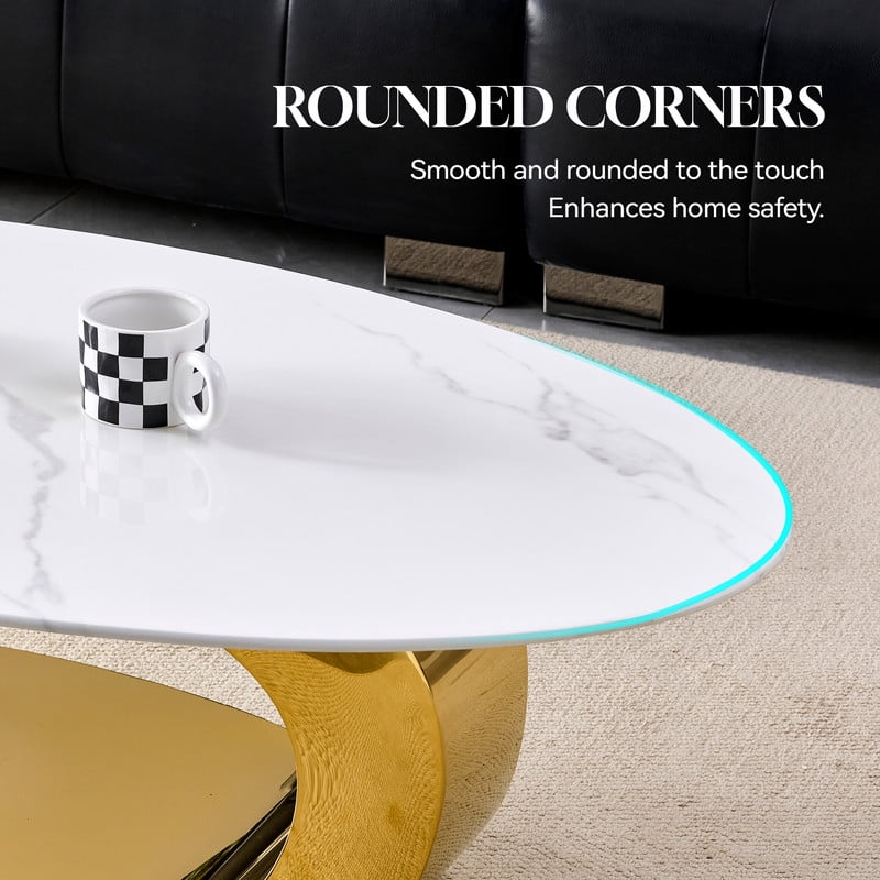 51.2-Inch Oval Faux Marble Top Center Coffee Table, Living Room End Table with C-Shaped Stainless Steel Base