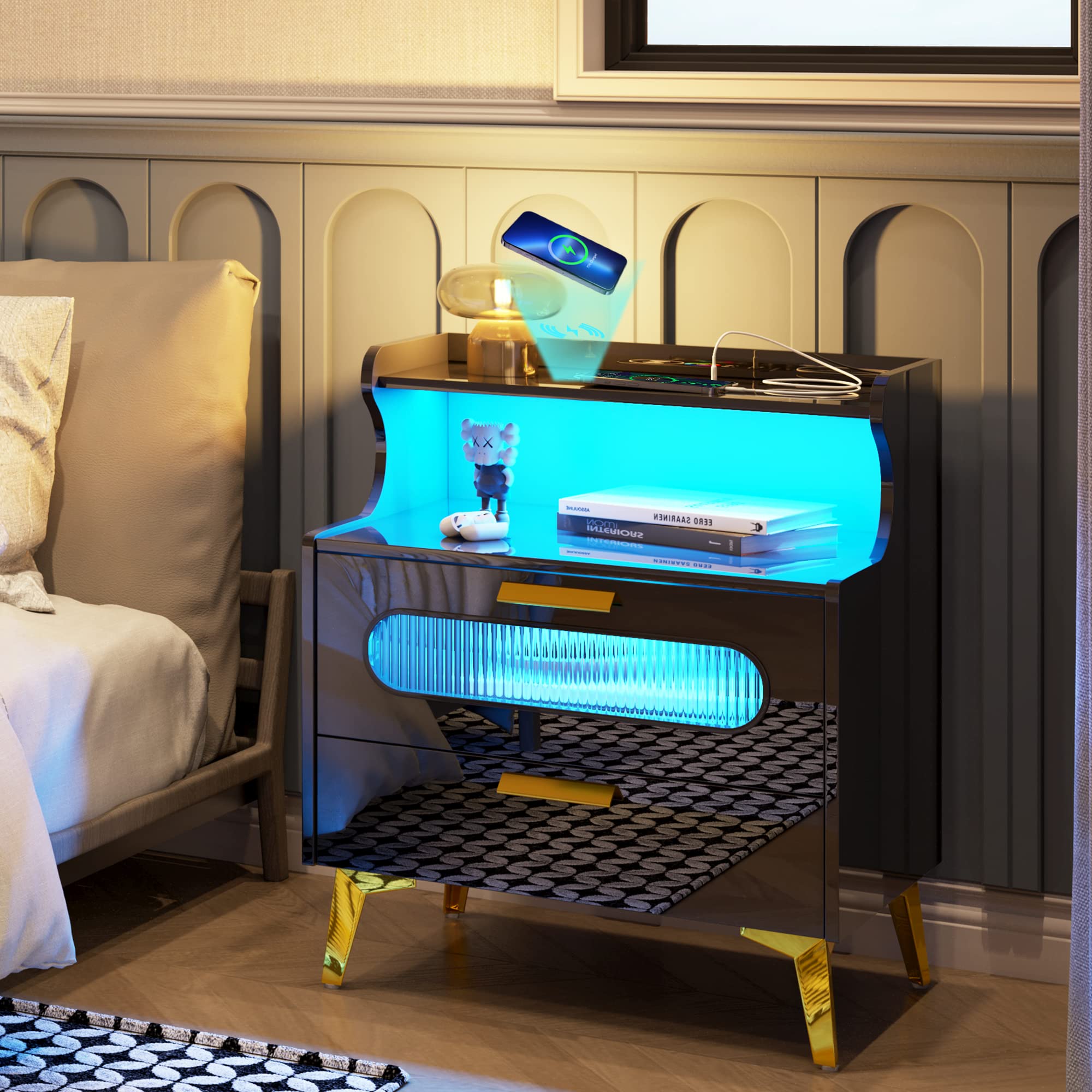 LVSOMT RGB LED Nightstand with Wireless Charging Station, USB & TypeC