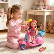 DEGIDEGI Doll & Pink Motor Scooter Playset, Cute Fashion Doll with Ride-On Toy, Hair Accessories & Pet Theme for Girls and Boys Ages 3+