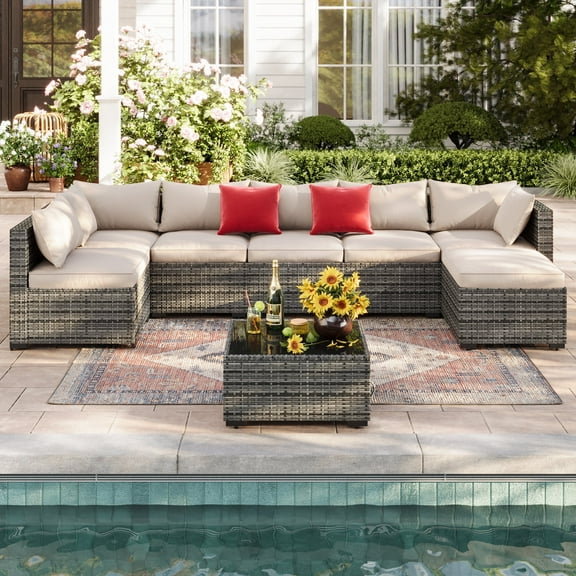 8 Piece Rattan Sectional Sofa Set, Outdoor Conversation Set, All-Weather Wicker Sectional Seating Group with Cushions & Coffee Table, Morden Furniture Couch Set for Patio Deck Garden Pool, Beige