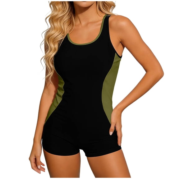 QIYAGBSA Swimsuit for Women One Piece Color Block Boyleg Bathing Suit (Army Green XL)