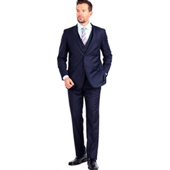 Men's 3 Piece Side Vent Notch Collar Single Breasted Dark Navy Slim Fit Vested Suit