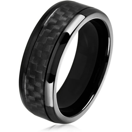 Crucible Black IP Polished Stainless Steel Carbon Fiber Comfort Fit Ring (8mm)
