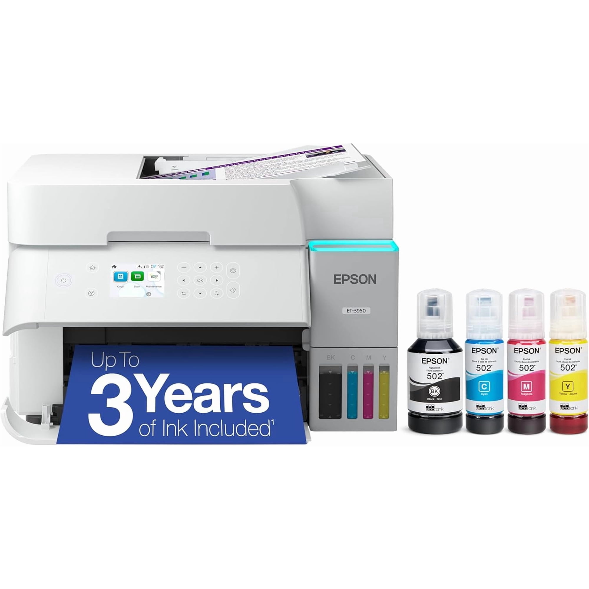 Epson EcoTank ET-3950 Wireless All-in-One Color Supertank Printer, 18 PPM, Auto Document Feeder, Print | Copy | Scan - White (Sold without manufacturer warranty)