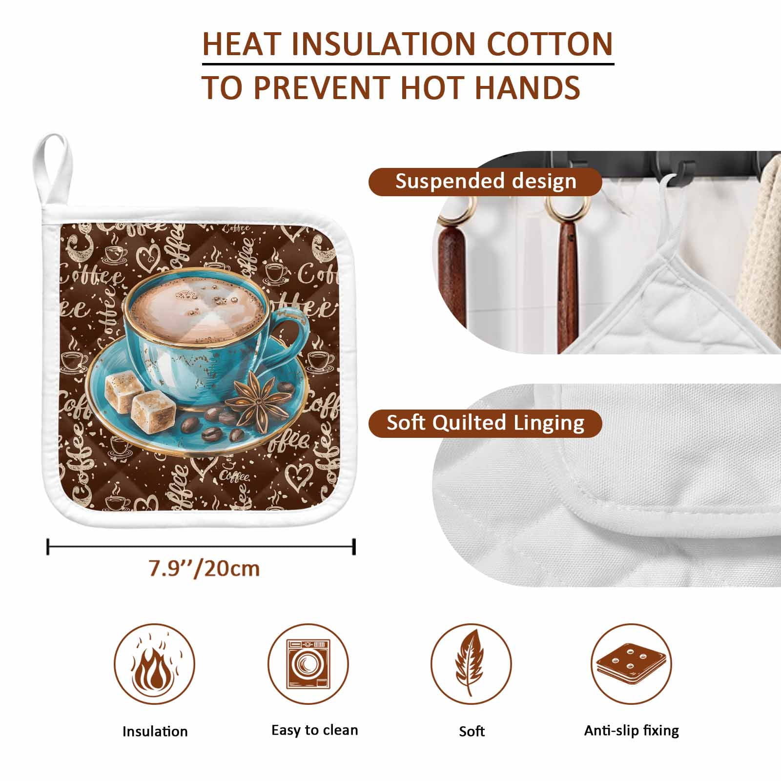 Coffee Pot Holders for Kitchen Heatproof Potholder, 4 Pack Brown Teal Pastoral Vintage Art Hot Pads Multipurpose Oven Pads Cloth Potholders Trivet for Cooking and Baking