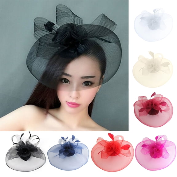Shenmeida Women Elegant Feather Veil Mesh Fascinator Hat Retro Lightweight Costume Accessories Plain Color Women Wedding Bridal Hat for Party