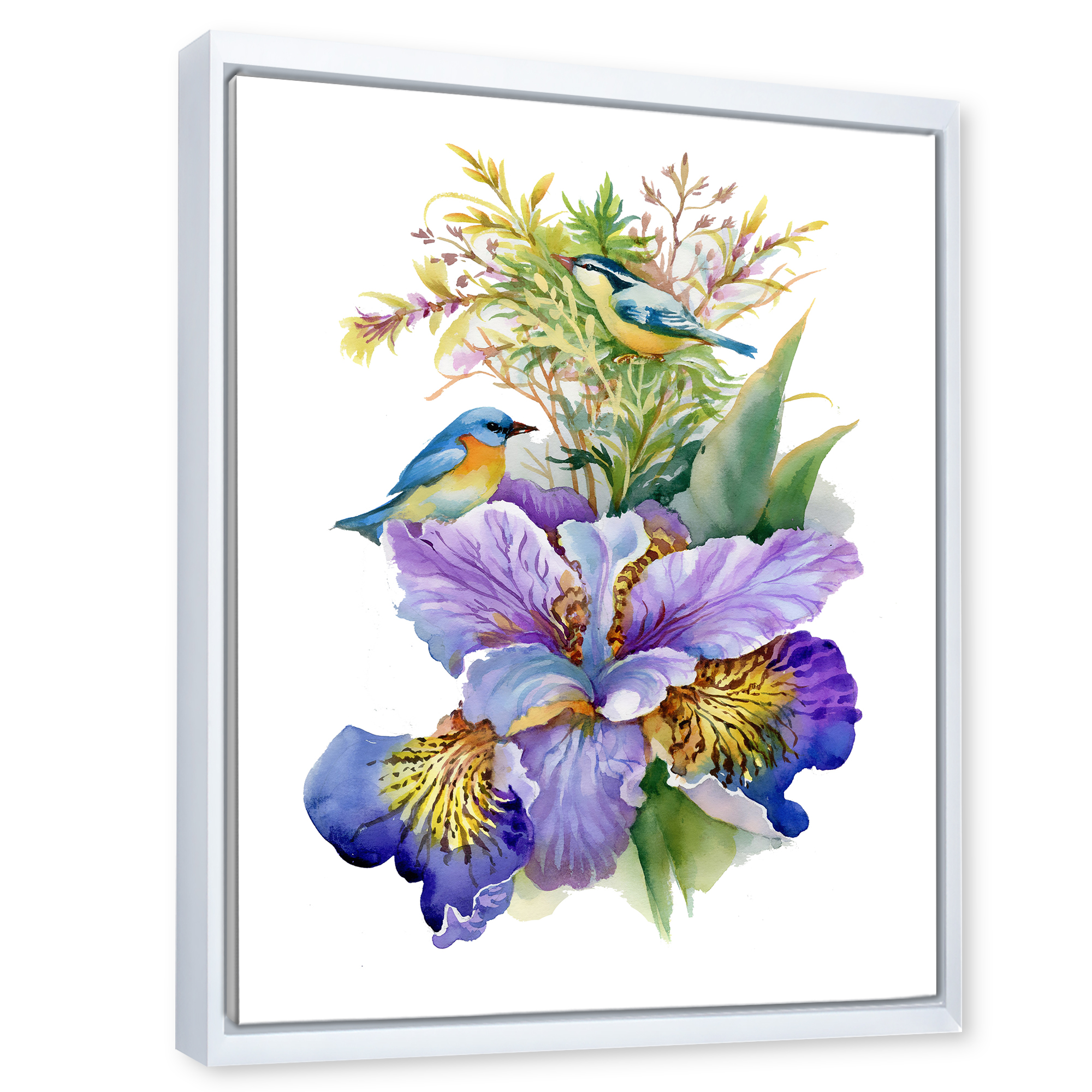 Birds With Purple Iris 16 in x 32 in Framed Painting Canvas Art Print, by Designart