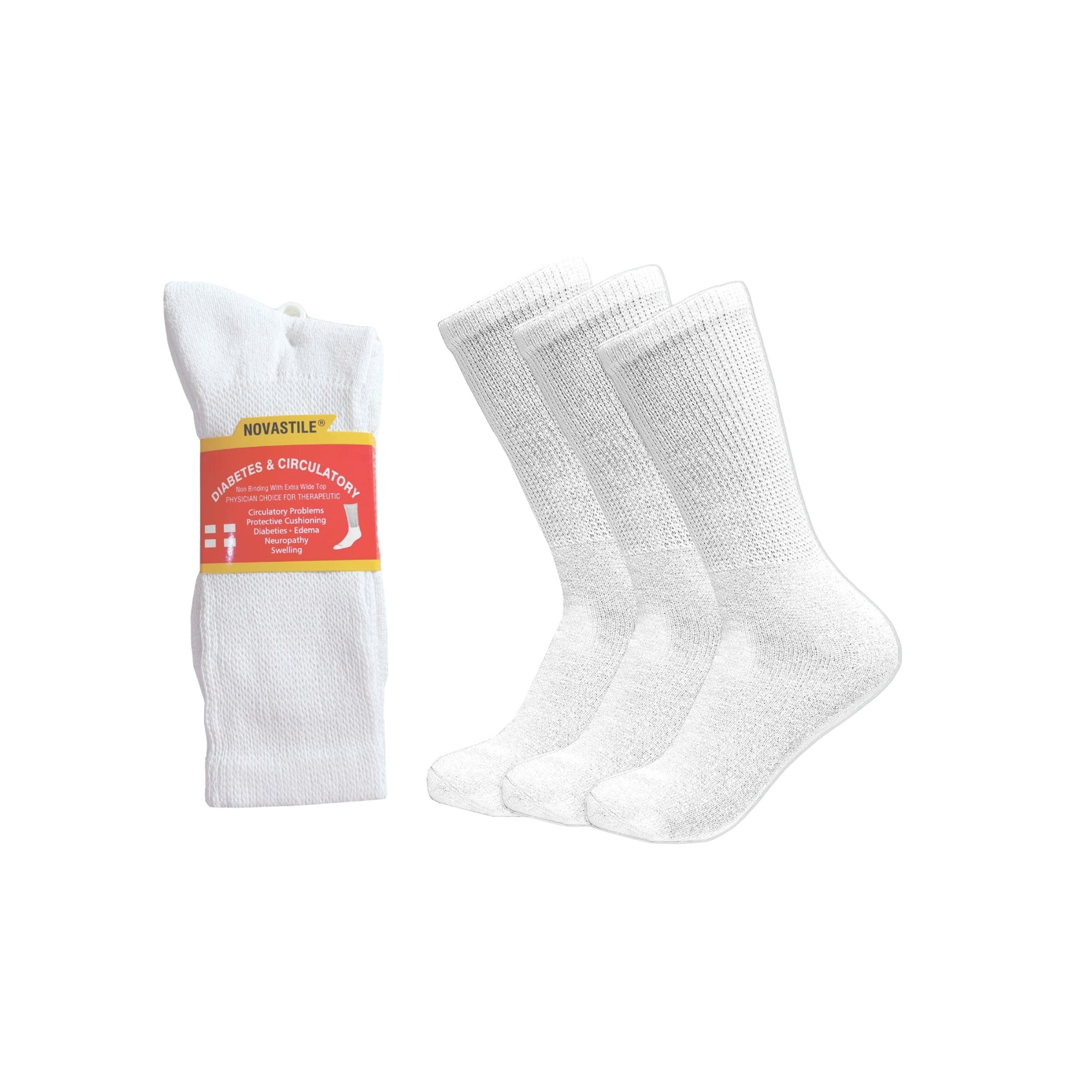 NOVASTILE Crew Diabetic Socks for Men & Women, Non-Binding Cotton for Neuropathy, Cushioned Moisture-Wicking Loose Fit, 6 Pairs, Size 9-11