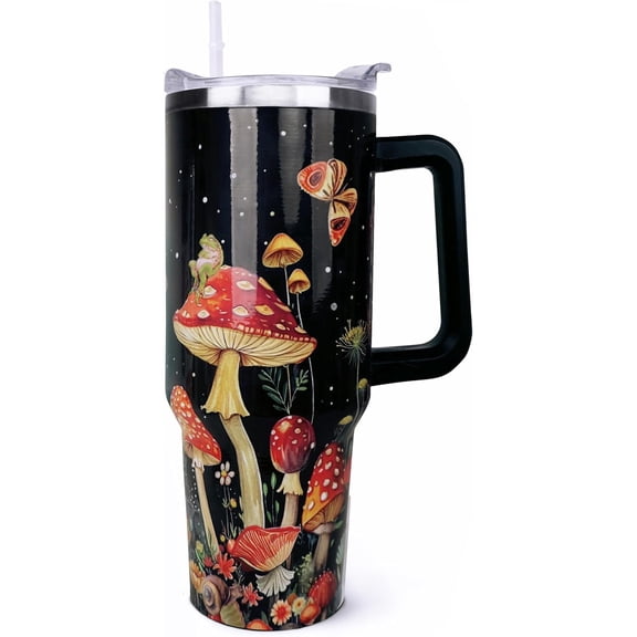 Mushroom 40 oz Tumbler, Cute Mushroom Leak Proof Insulated Mug With Lid Straw and Handle, 40oz Cup Gift for Women