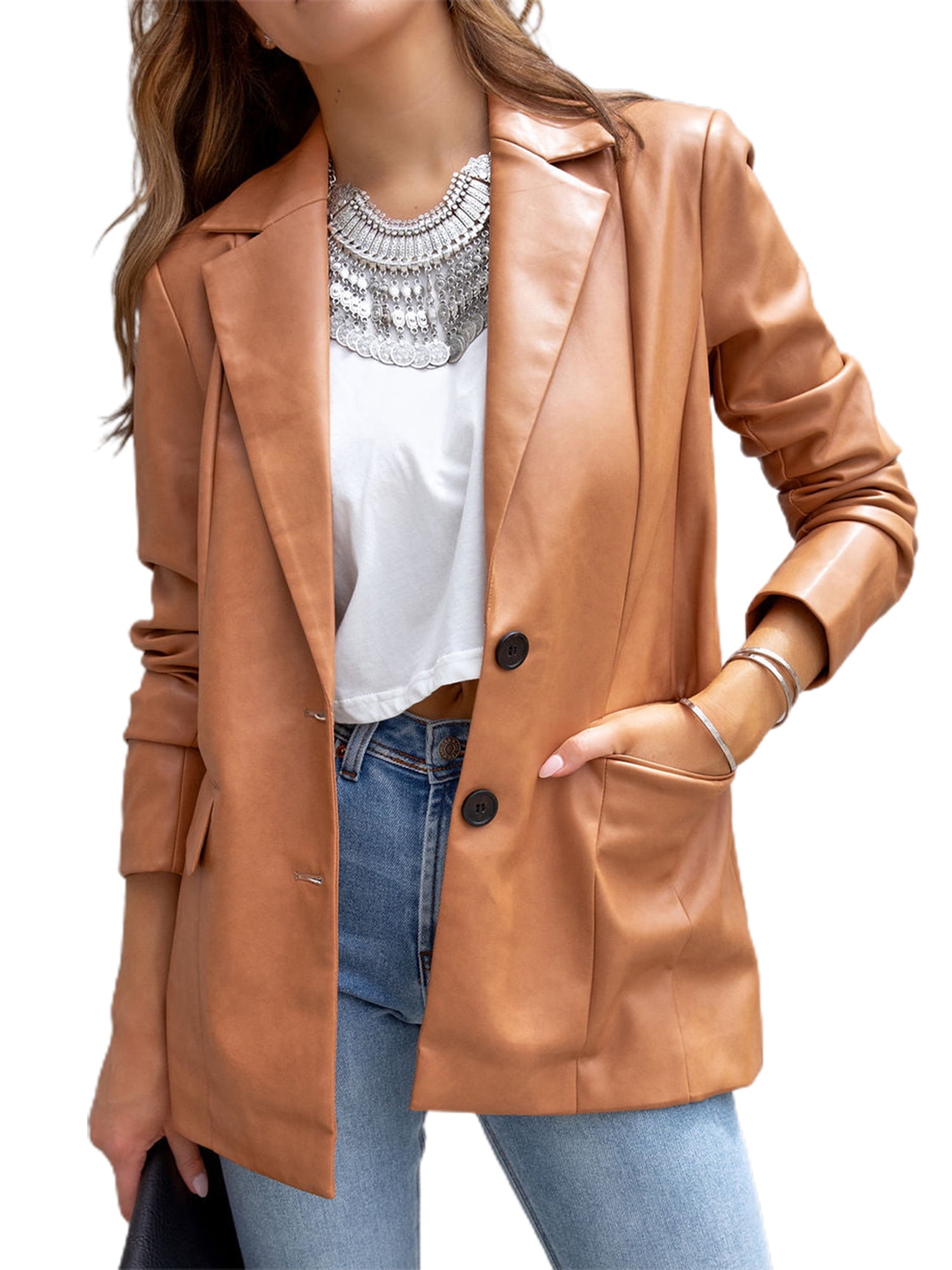 Women Leather Blazer Coat Long Sleeve Lapel Faux PU Leather Jacket Coat