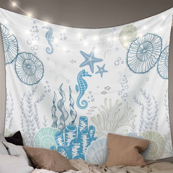 Coastal Blue Tapestry for Bedroom Wall Hanging Tapestry, Ocean Coral Starfish Jellyfish Seahorse Ceiling Backdrop Tapestries Poster Blanket Wall Decor for Teens Room Living Room Dorm 59" x 90"