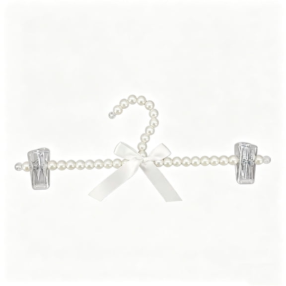 Pearl No-Mark Clothes Hanger with Clips - Elegant Plastic Wardrobe Hanger for Dresses and Skirts, Wrinkle-Free Storage, Whimsical Satin Bow Accent, Ideal for Organizing Fashion Outfits,White
