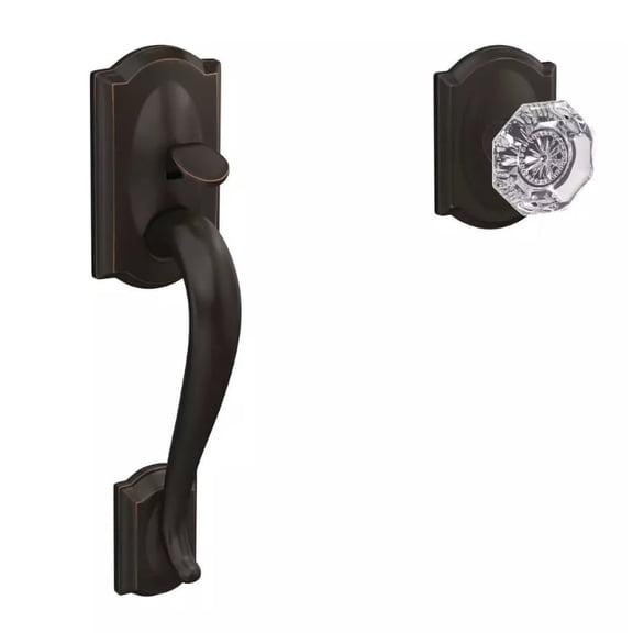 Schlage FE285 CAM 716 ALX CAM Camelot Aged Bronze Single Cylinder Door Handleset with Hobson Glass Door Knob and Camelot Trim