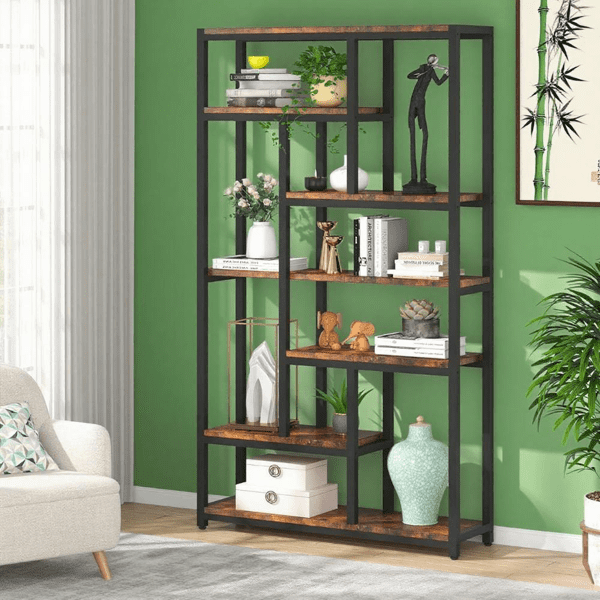 10-Shelf Industrial Open Bookshelf, Staggered Design, 30lbs/Shelf Capacity, Wall Anchors & Adjustable Feet, Tall Etagere for Home/Office