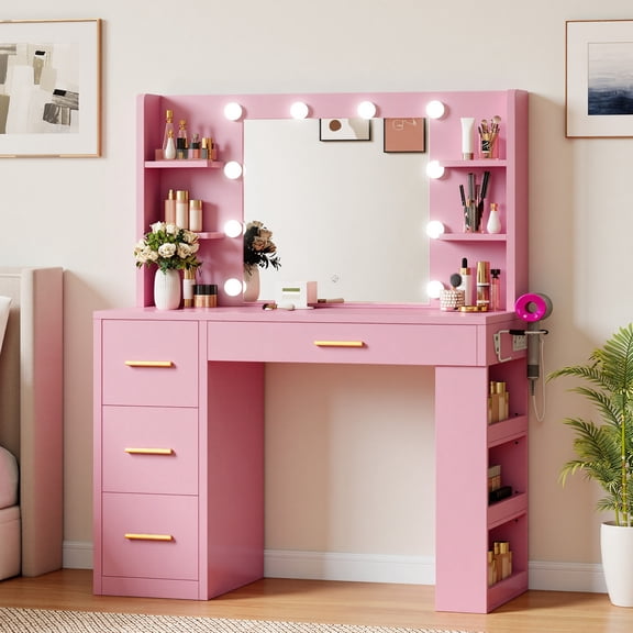 Craftian 40-Inch Pink Makeup Vanity Desk with LED Mirror (3 Modes), 4 Drawers, 7 Shelves, Built-in Power Outlets (2 AC/1 USB/1 Type-C) & Hairdryer Holder