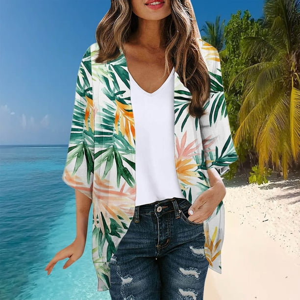 Cárdigan de playa para mujer, estilo hawaiano, informal, moderno, estampado, de manga larga, de poliéster