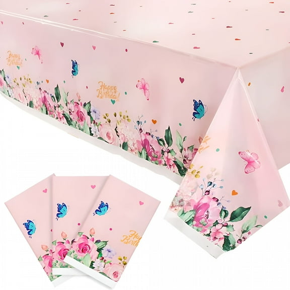 LAMIRO Butterfly Birthday Tablecloth,Rectangle Butterfly Party Tablecloth,3 Pieces,Pink Background