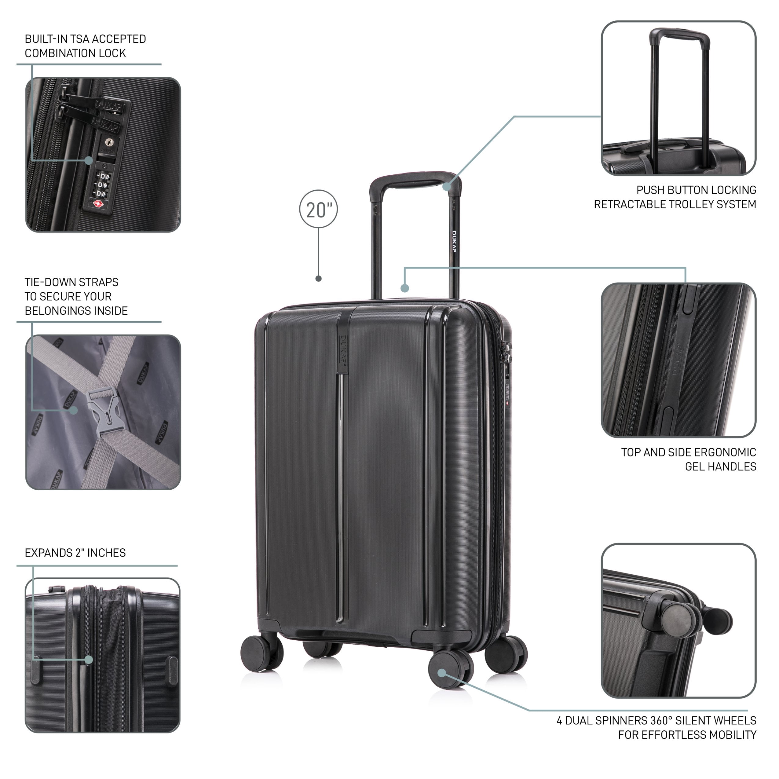 DUKAP AIRLEY 20" Lightweight Hardside Carry-On Luggage with Spinner Wheels, Handle and Trolley, Black