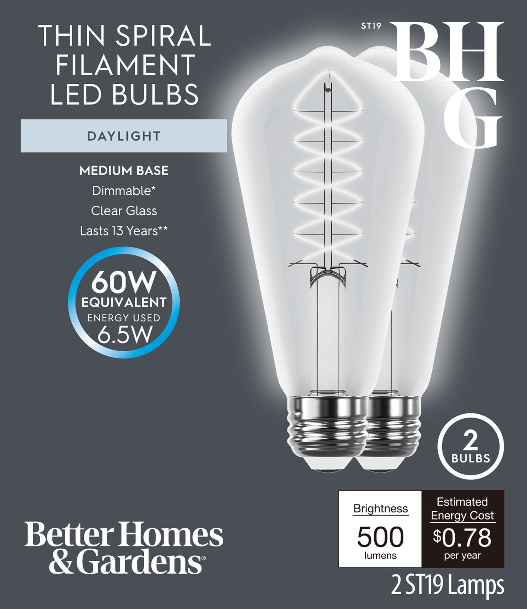 (2 pack) Better Homes & Gardens 6.5W (60W Equivalent) Daylight Dimmable ST19 Thin Filament Light Bulb E26 Base 2 Pack
