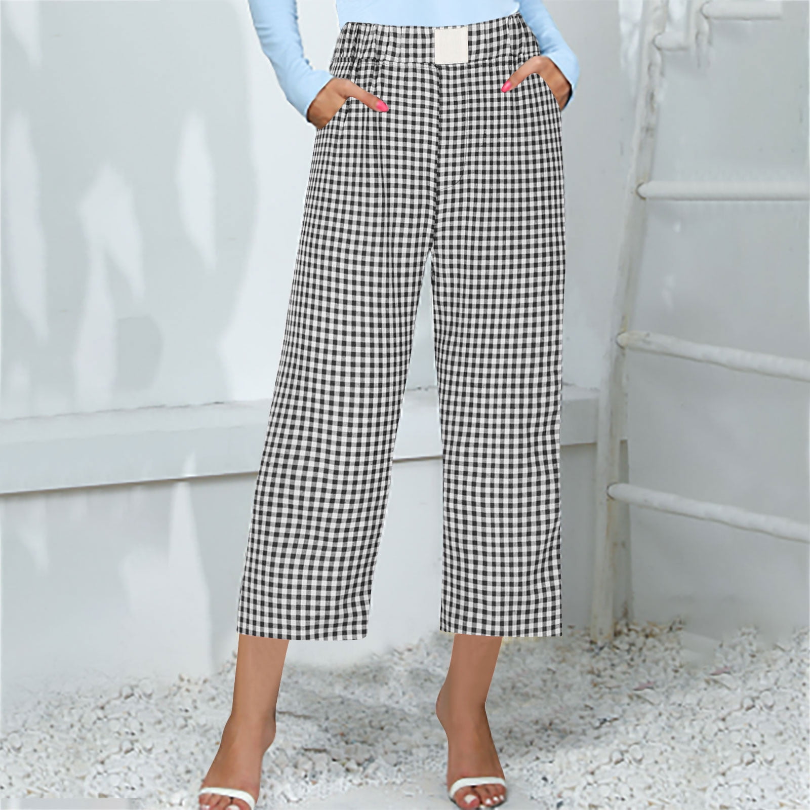 Pants Women Spring Summer Thin Plaid Pants with Pockets Breathable