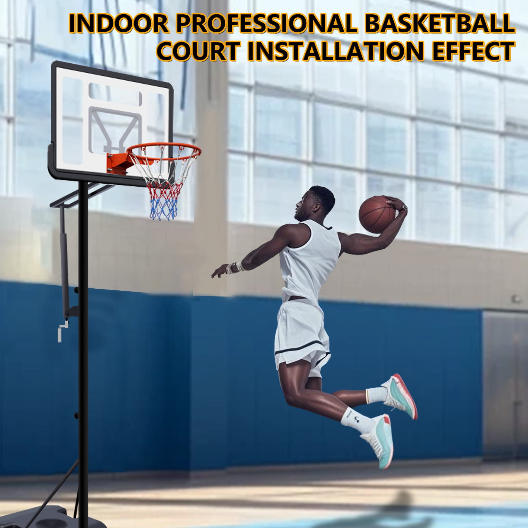 34 inch Portable Basketball Hoop, Adjustable Height 6.89 ft to 10.01 ft, Backboard with Rebound System, Indoor/Outdoor Basketball Goal with Water/Sand Base, Wheels for Easy Move, Black