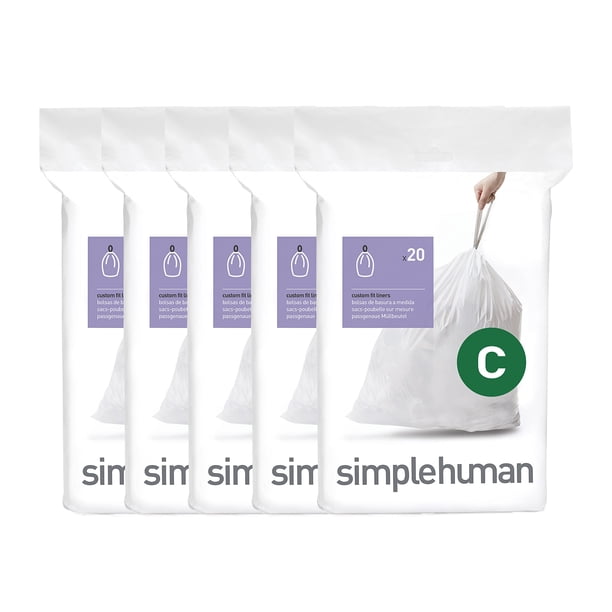 Simplehuman Code C - 100 unidades, paquetes de dispensador, forros de ajuste personalizado, bolsas de basura con cordón, 10-12 litros, 2.6-3.2 galones, blanco