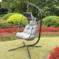 thumbnail image 2 of Egg Chair, Swing Chair with Stand, Outdoor PE Wicker Hanging Chair with Cushion, Heavy Duty Lounge Basket Chair, 330 lbs Capacity, Relaxing Chair for Patio, Balcony, Backyard, Gray, D7555, 2 of 10