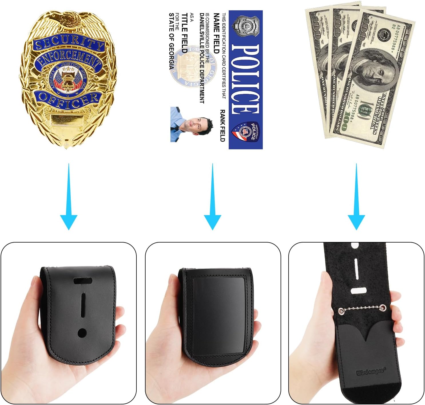 Police Badge Holder, Cowhide Leather Universal Police Badge Holder Pocket Case with Clear ID Window and Inside Card Slot, Hook and Loop Closure and Stainless Bead Chain Necklace - Rectangle