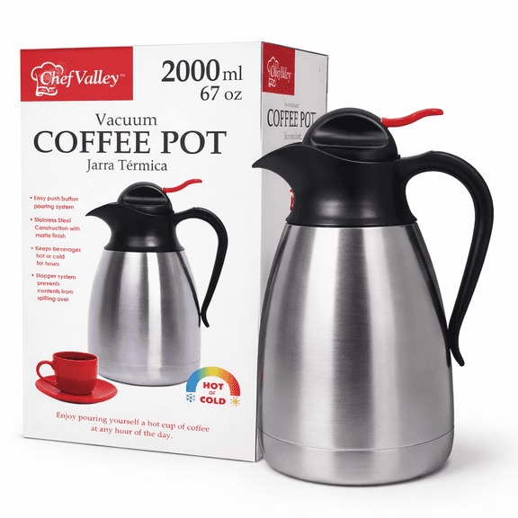 Chef Valley Vacuum Coffee Pot, 2000 ml (67 oz), Stainless Steel Thermal Carafe with Push Button Pouring System