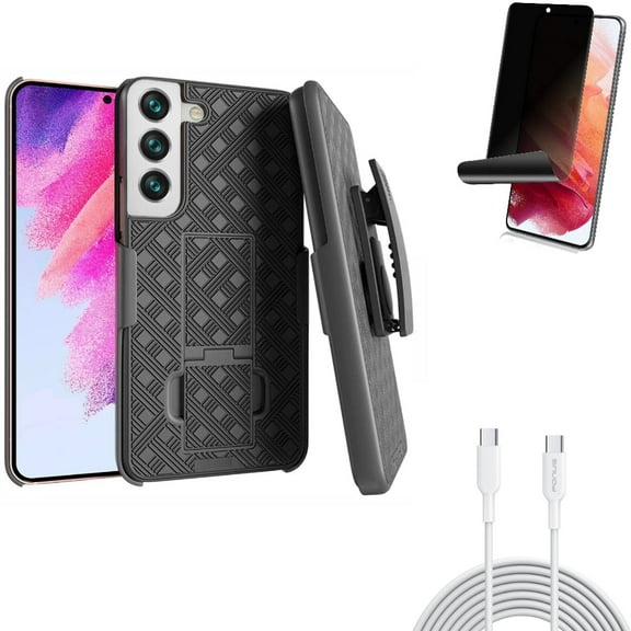 6ft Long Type-C Cable & Privacy Screen Protector & Case Belt Clip for Samsung Galaxy S22 (6.1") - PD Fast Charger Cord Power & TPU Film Fingerprint Works & Holster Swivel Accessory Bundle