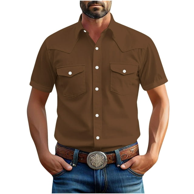 Fengqque Men's Short Sleeve Button Down Casual Woven Shirt Two Chest Pockets Brown S(S)