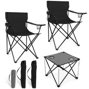 Coliware 3-Piece Outdoor Folding Table and Chairs Set with Grey Table and 2 Black Foldable Chairs, Compact Oversized Camping Table Set of 3 for BBQ Backyard Beach. Easy to Carry & Lightweight