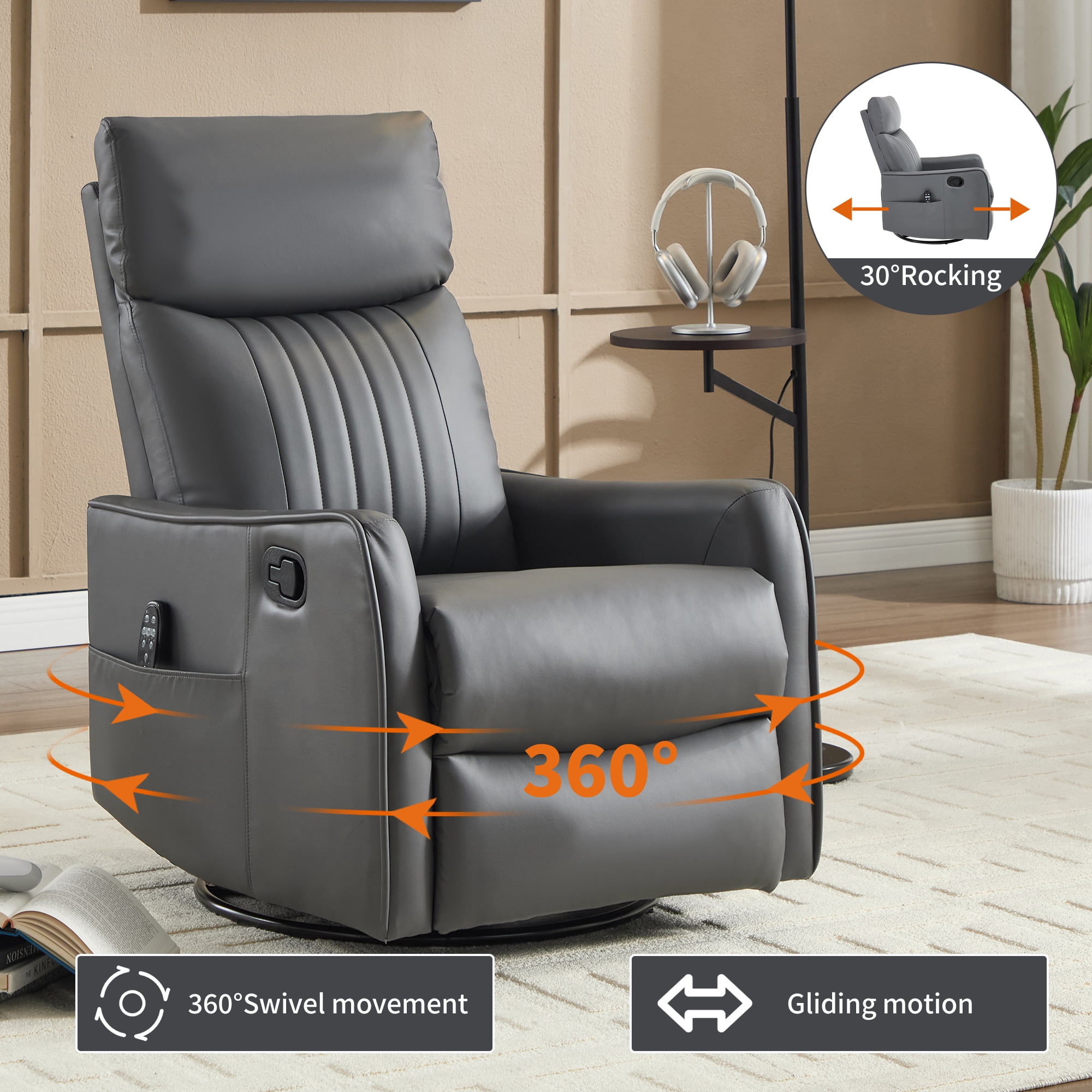 Leumius Manual Swivel Rocker Recliner Chair for Adults,Overstuffed Reclining Glider Chair with Vibration Massage & Heat,Upholstered Recliners with Side Pockets for Living Room,Grayish Green PU