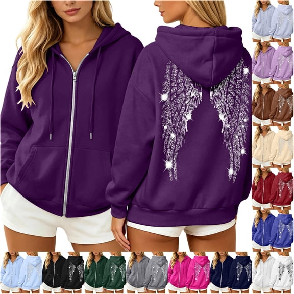 Wxolcjlv Womens Rhinestone Angel Wing Print Zip Up Hoodies Long Sleeve Outerwear Tops