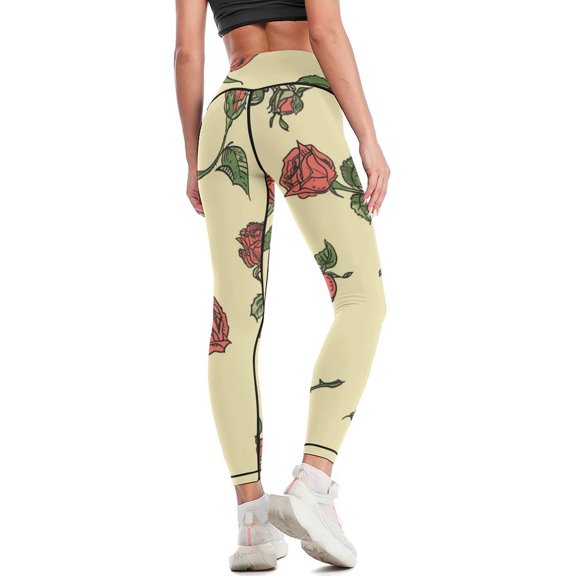 Rose Illustration High Waisted Leggings for Women Regular & Plus - No See Through Tummy Control Cycling Workout Yoga Pants without Pockets L