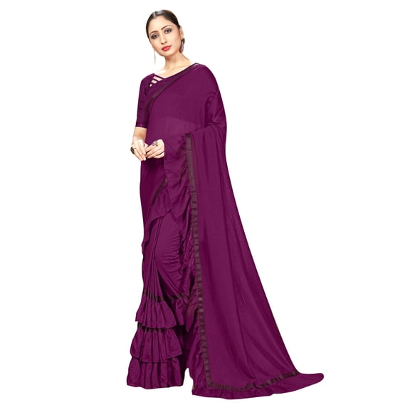 Sarees for Women Georgette Ruffle - Frill Saree | Ethnic Indian Gift Traditional Wedding Gift Sari with Unstitched Blouse Wine