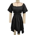 thumbnail image 1 of Vestido de mujer Mangas cortas acampanadas Dobladillo con volantes Cintura cruzada Ahueca hacia fuera la espalda Vestido de verano fruncido Negro L, 1 of 3