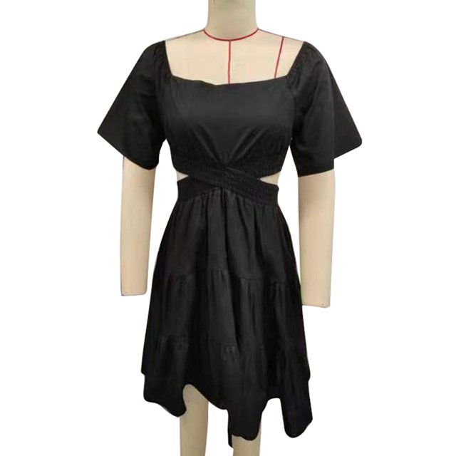 Vestido de mujer Mangas cortas acampanadas Dobladillo con volantes Cintura cruzada Ahueca hacia fuera la espalda Vestido de verano fruncido Negro L