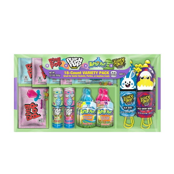 Easter Candy Variety Pack of Ring Pops, Push Pops, Baby Bottle Pop, and Juicy Drop Pop, 18 Count