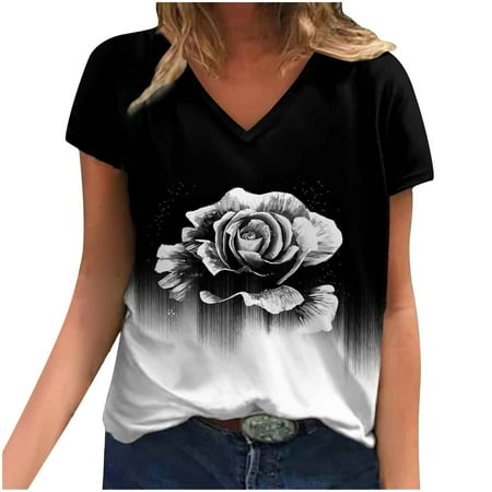 

Maternity Blouses Fashion Woman Causal V-Neck Printing Blouse Short Sleeve T-Shirt Summer Tops Basic Tees for Women Black XXL