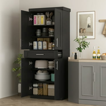 HOMCOM Tall Kitchen Pantry Freestanding Cabinet Cupboard with Doors and Drawer, Adjustable Shelving, Black