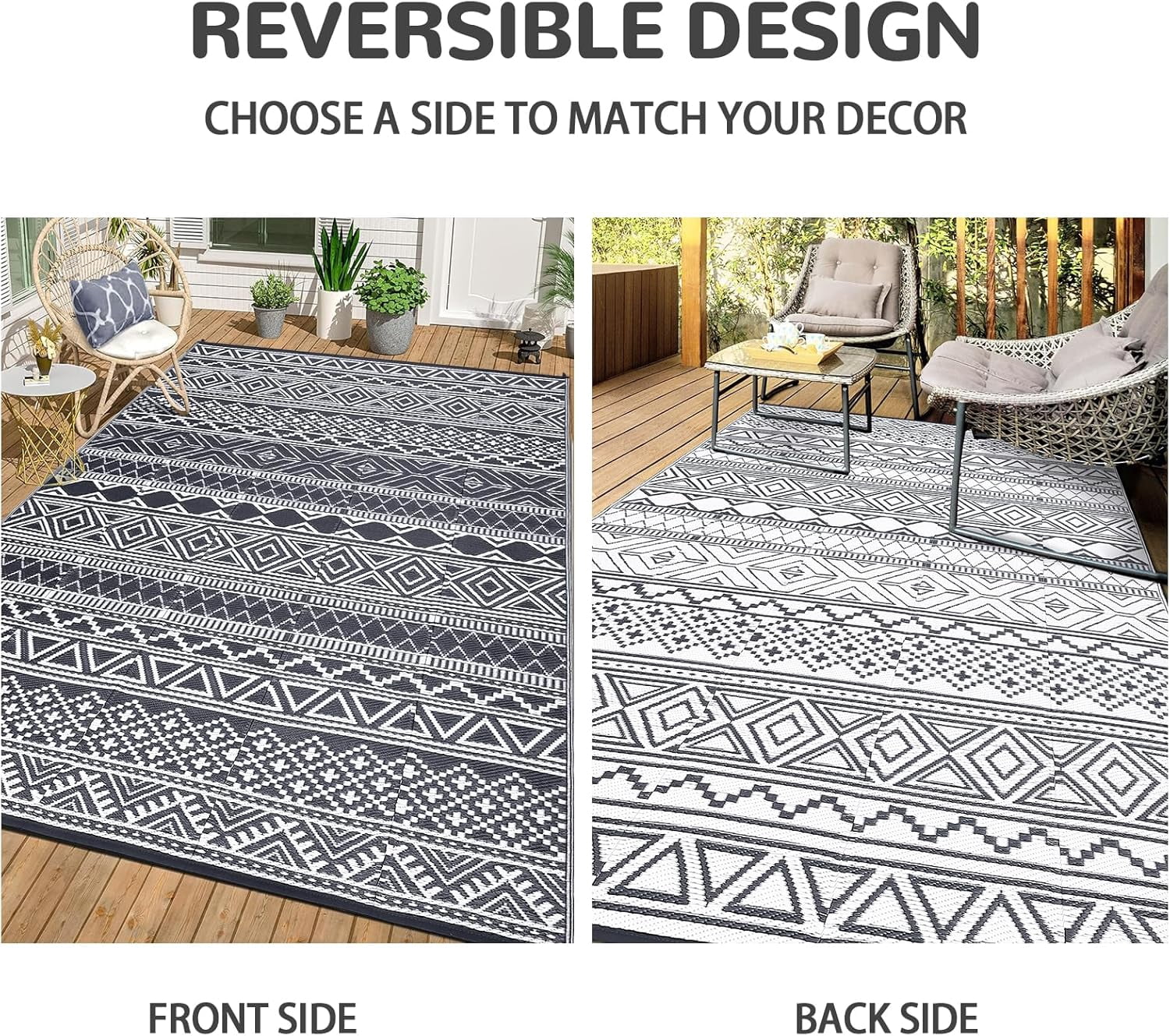 Twister.CK 5' x 8' Plastic Outdoor Rugs, Waterproof Bohemia Straw Rug Reversible Outside Carpet for Patio Deck Porch Backyard Camping Picnic Beach, Black & White