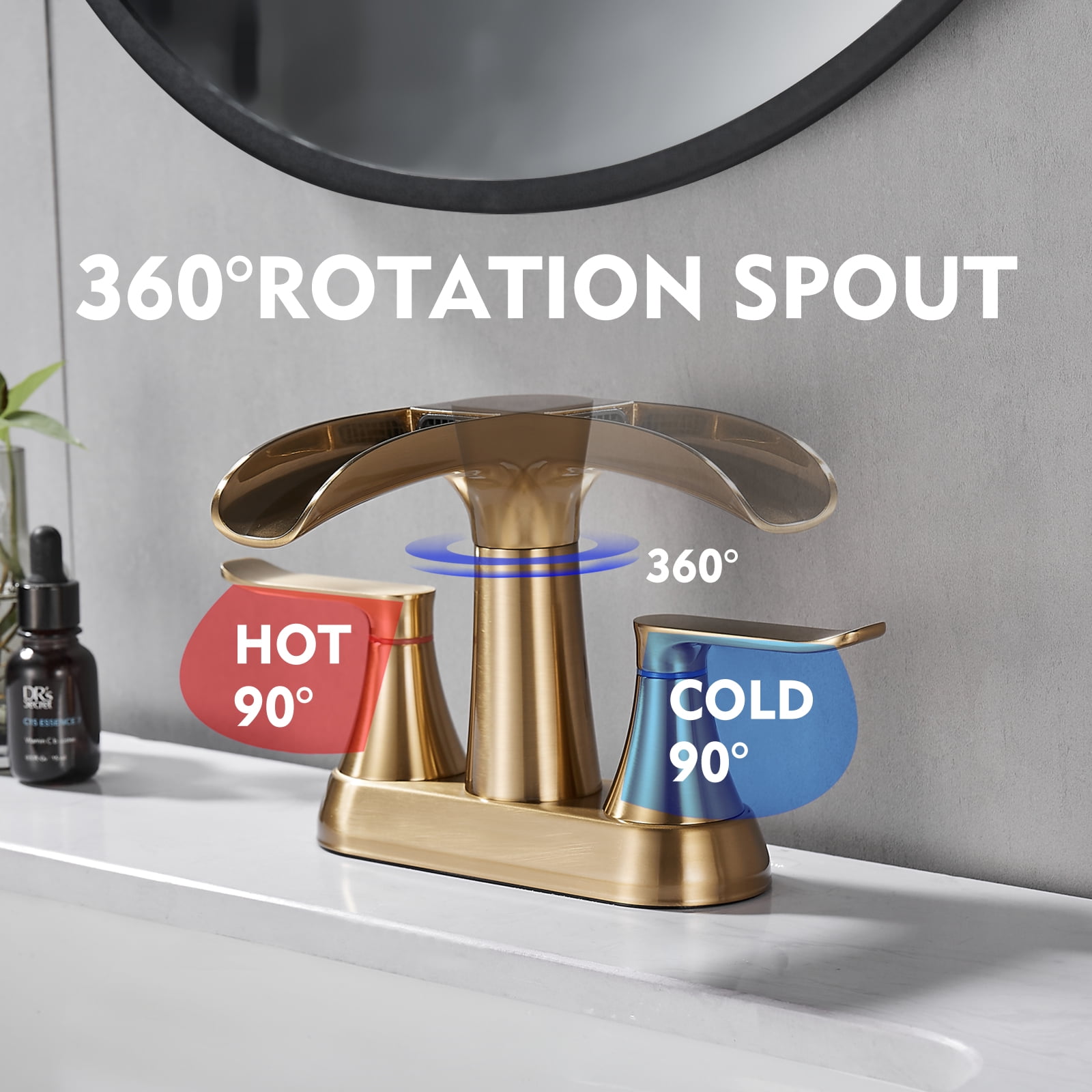 Brushed Gold Bathroom Faucet,Yundoom 4 Inch Centerset Bathroom Faucet,Waterfall Bathroom Faucet,2 Handle Bathroom Faucet for Sink 3 Hole,360 Degree Swivel Spout Bathroom Sink Faucet with Pop Up Drain