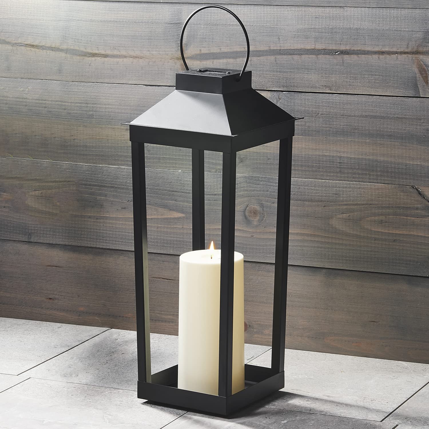 Large Outdoor Lantern Solar Powered 19 Inch Tall, Black Metal, Open