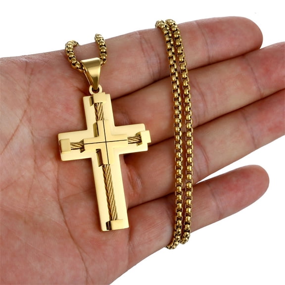 Fongten 14K Yellow Gold Pendant Necklace for Men Multiple Color Cable Cross Twisted Link Chain Male Neck Christian Jewelry