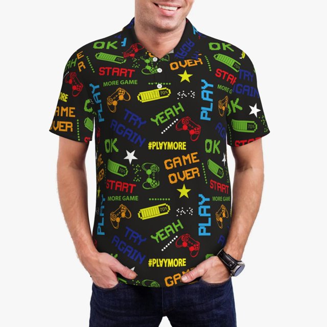 Fotbe Pixel Game Camiseta Polo de Golf para Hombre con Estampado – Camisa Deportiva Transpirable con Cuello Abotonado-Small