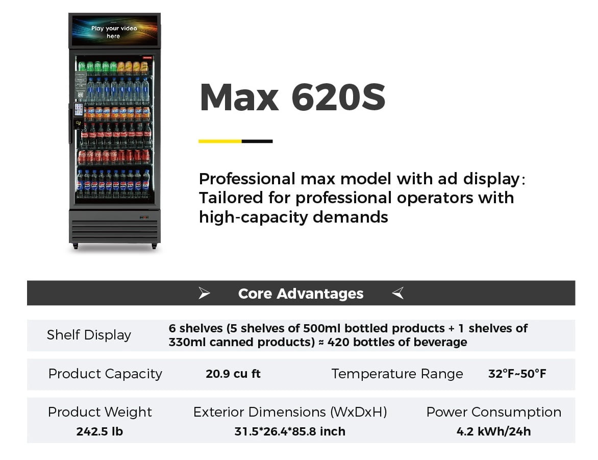 Smart Frozen Food Vending Machine, MAX 620S , Dual-Zone, POS/NFC for Stores/Gyms
