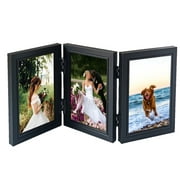 Tabletop Picture Frame Wood Trifold Hinged Photo Frame with 3 Openings, Table decor Family Picture Collage, with Real Glass 4" x 6" Black
