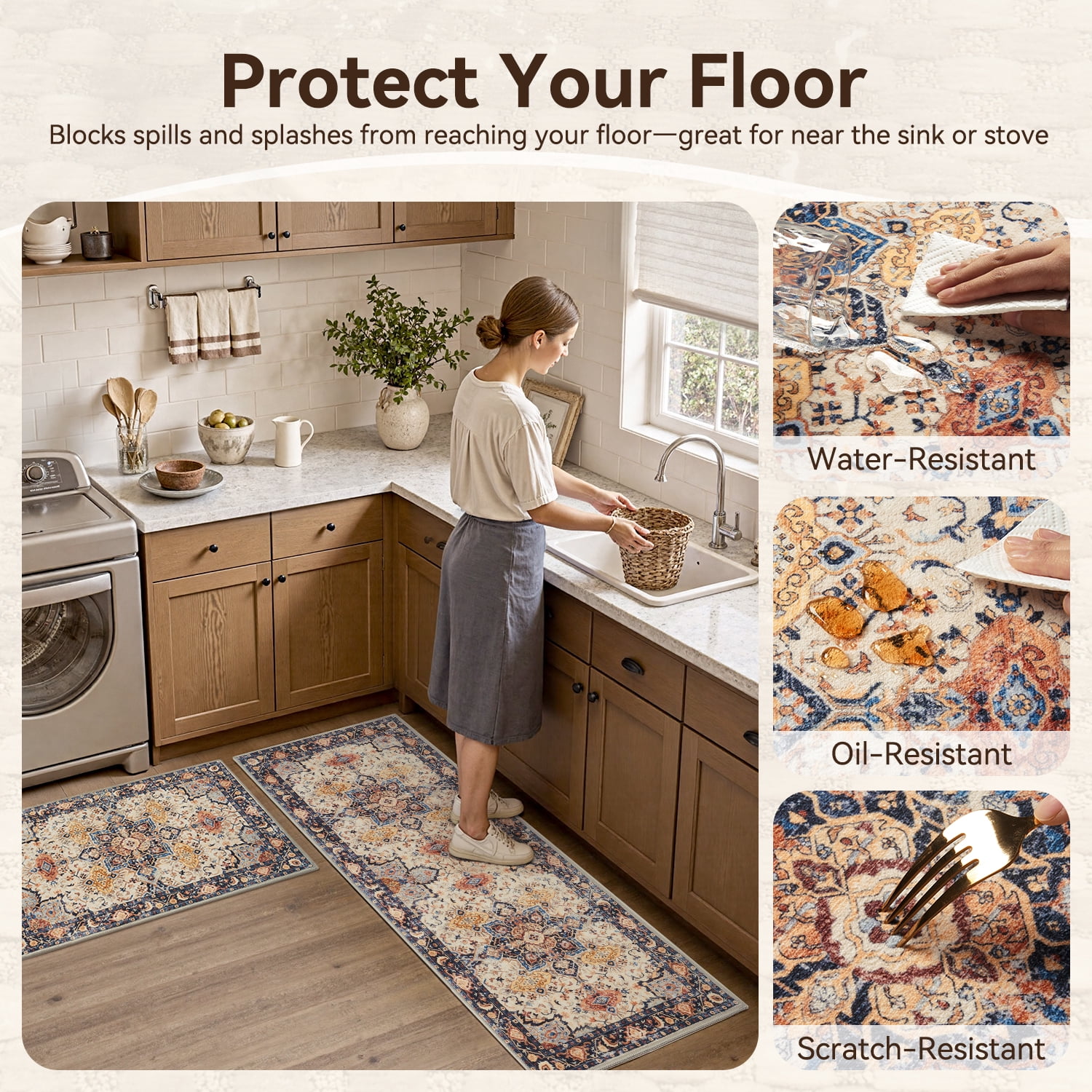 SIXHOME 3-Piece Kitchen Rugs and Runner Set Washable Vintage Kitchen Mat Non-Slip Low-Profile Rugs for Kitchen Sink Laundry Bedside 20"x32"+20"x48"+20"x59" Colorful