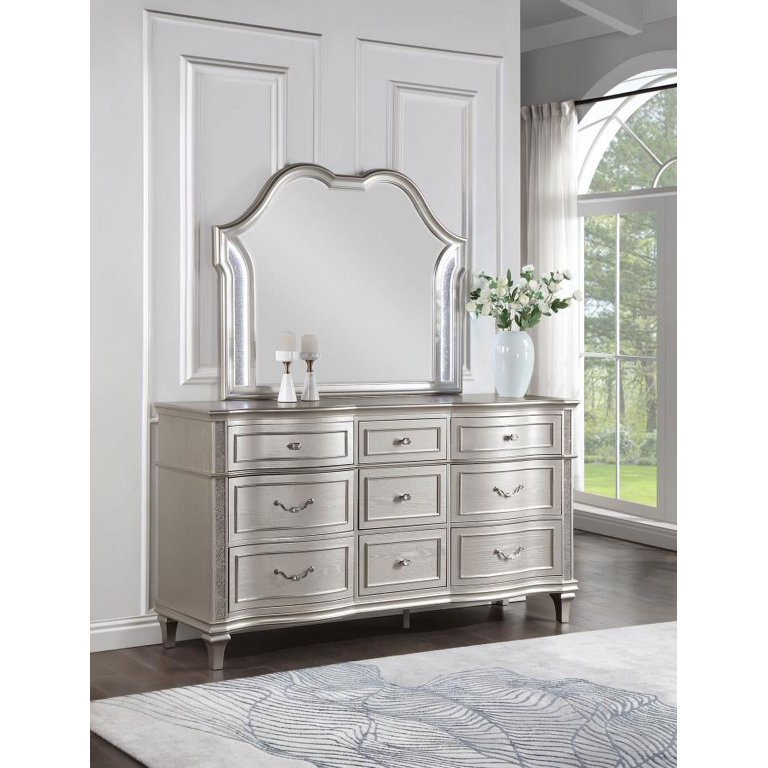 silver dresser Benjara 63 Inch Wide 6 Drawer Dresser, Crystal Like Knobs, Molded Details, Resurrect old New Classic Furniture Valentino BA9698S-050